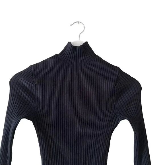ZARA Black Viscose Mock Neck Knit Ribbed Cropped Long Sleeves Sweater SZ S #1672 - Picture 3 of 10
